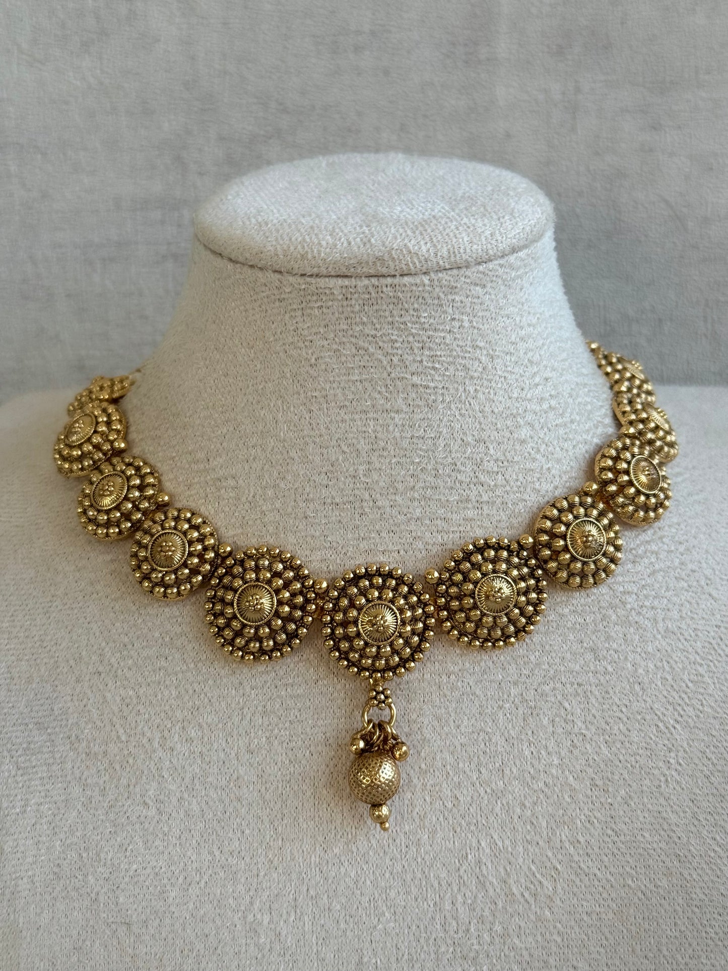 Ayura Designs Reet Set with Necklace & Jhumkis – Antique Gold with Textured Floral Motifs & Dome Drops