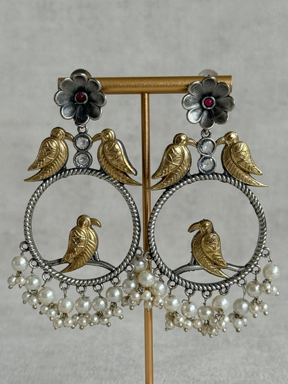 Ayura Designs Wasl Earrings – Dual Tone Oxidised Bird Hoop Earrings with Pearl Clusters