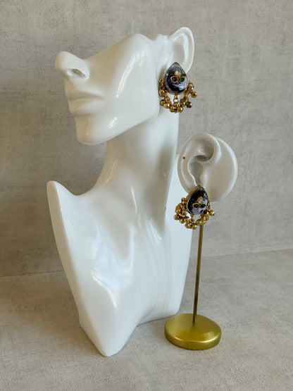 Ayura Designs Aykai Earrings – Smoky Blue Teardrop Stud Earrings with Green Kundan Stones & Gold Ghungroo Drops