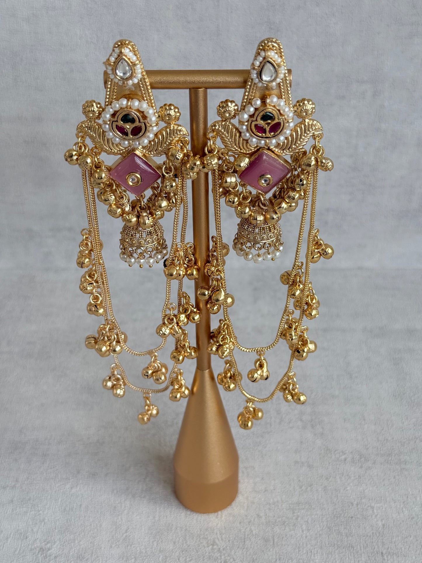 Ayura Designs Simal Earrings – Kashmiri Earrings with Pink Stone, Multicoloured Detailing, Layered Ghungroo Chains & Jhumkis