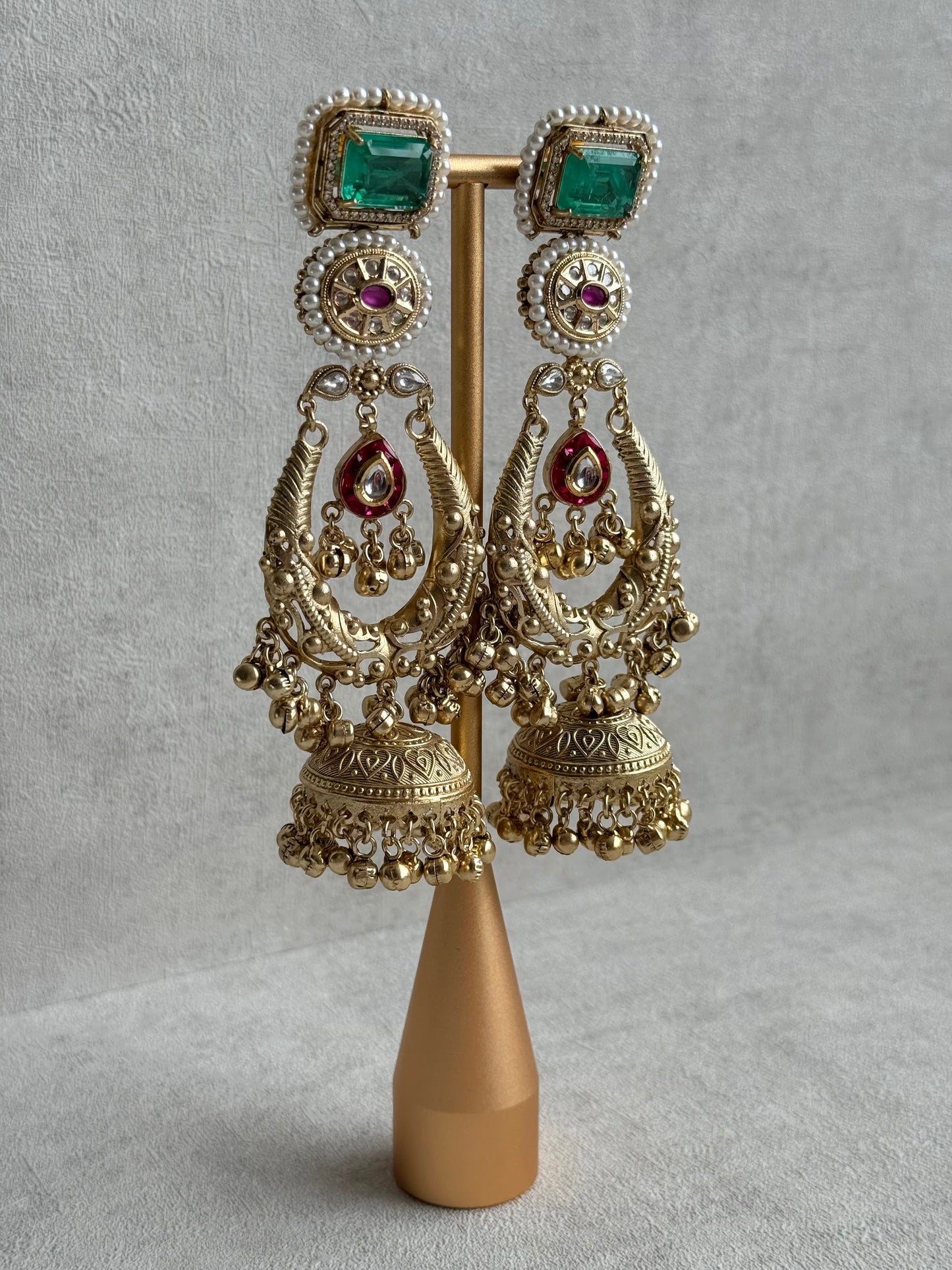 Ayura Designs Zirwa Earrings – Statement Jhumkis with Jade Green Stones, Ruby Accents, Pearl Borders & Ghungroos