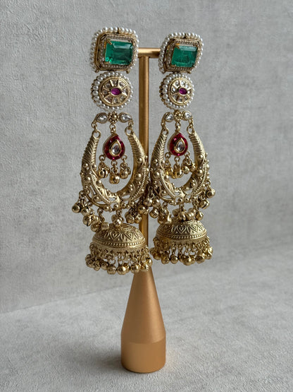 Ayura Designs Zirwa Earrings – Statement Jhumkis with Jade Green Stones, Ruby Accents, Pearl Borders & Ghungroos