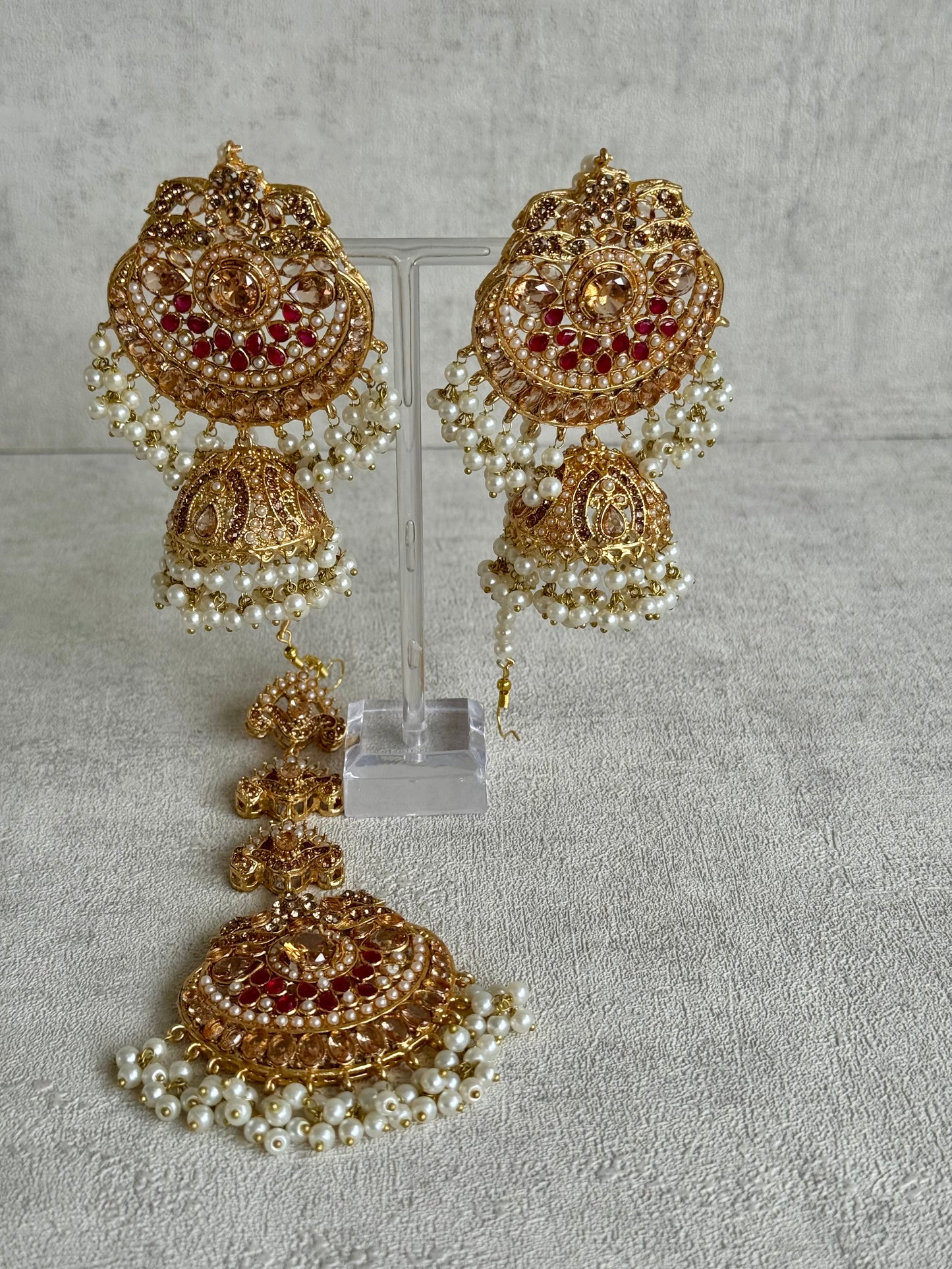 Ayura Designs Zarnigar Tikka Set with Sahare Jhumkis – Champagne & Ruby Stones with Pearl Detailing