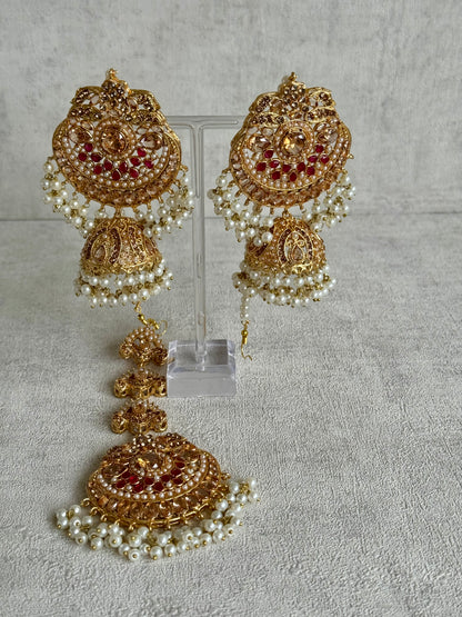 Ayura Designs Zarnigar Tikka Set with Sahare Jhumkis – Champagne & Ruby Stones with Pearl Detailing