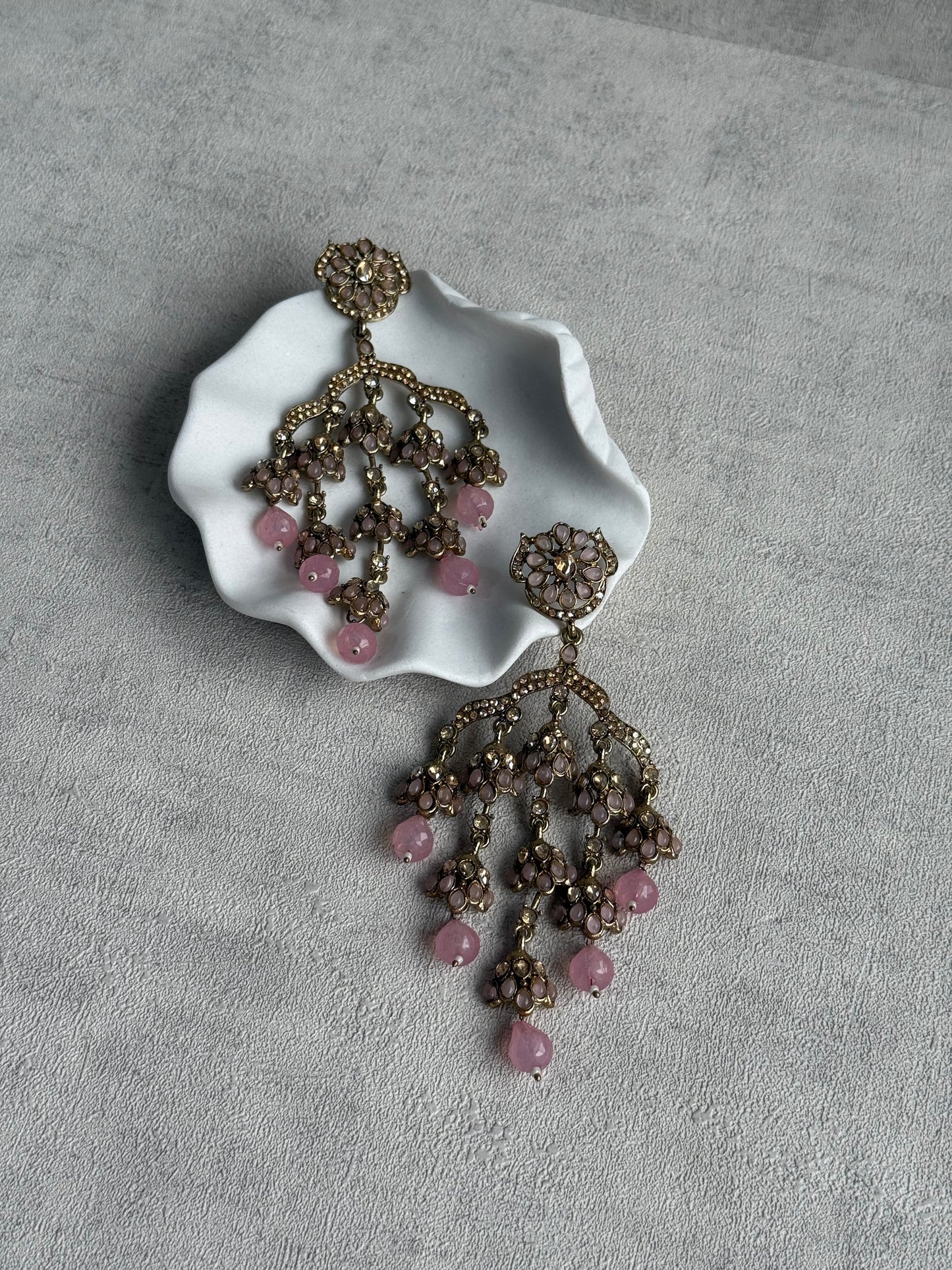 Ayura Designs Jasmine Earrings – Chandelier Earrings with Blush Pink Beads & Antique Gold Detailing