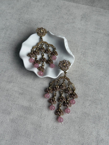 Ayura Designs Jasmine Earrings – Chandelier Earrings with Blush Pink Beads & Antique Gold Detailing
