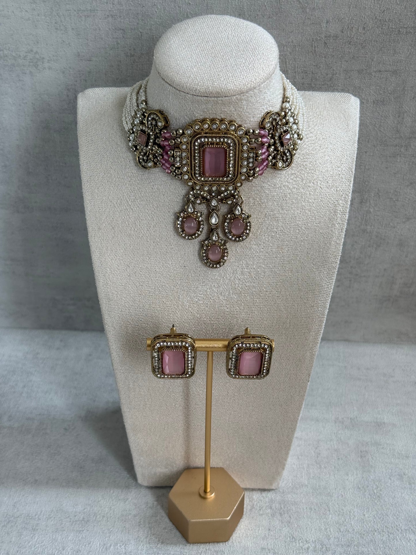 Ayura Designs Nabiha Choker Set with Studs – Blush Pink Stones, Pearl Detailing & Antique Gold Finish