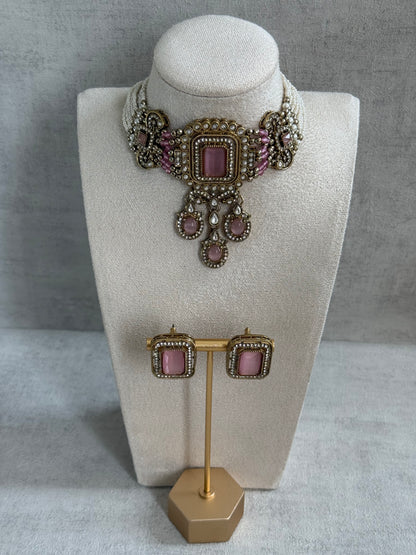 Ayura Designs Nabiha Choker Set with Studs – Blush Pink Stones, Pearl Detailing & Antique Gold Finish