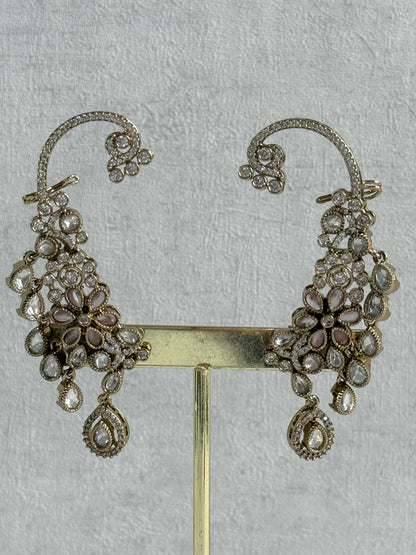 Ayura Designs Aksara Kaanphool Earrings – Blush Pink Stones, Kundan, Crystals & Antique Gold Finish