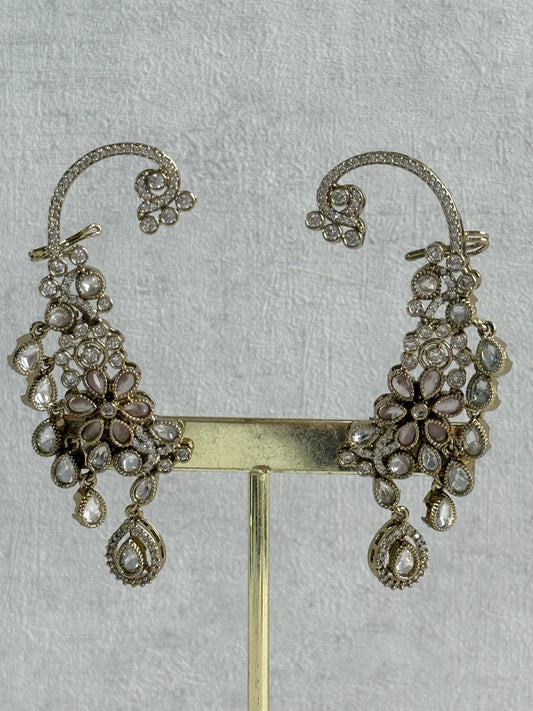Ayura Designs Aksara Kaanphool Earrings – Blush Pink Stones, Kundan, Crystals & Antique Gold Finish