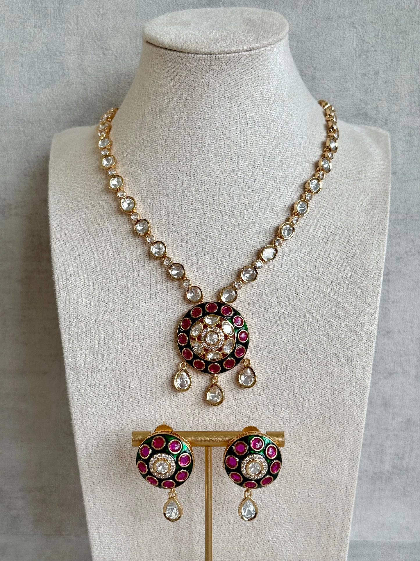 Ayura Designs Jiya Set with Earrings – Round Motif, Pink & Green Meenakari with Crystal Detailing