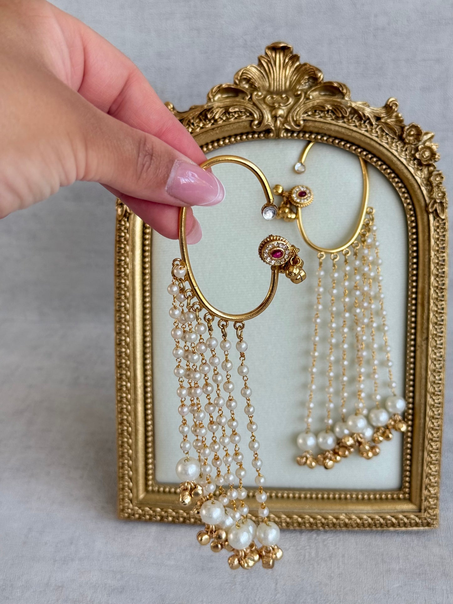 Ayura Designs Nargiza Ear Cuffs – Pearl Tassel Ear Cuffs with Ghungroo Detailing & Ruby Stone Accents