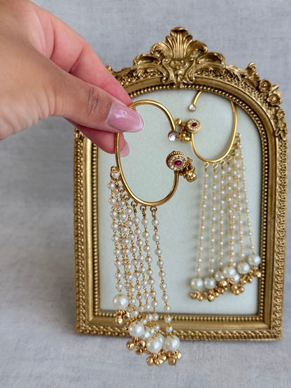 Ayura Designs Nargiza Ear Cuffs – Pearl Tassel Ear Cuffs with Ghungroo Detailing & Ruby Stone Accents