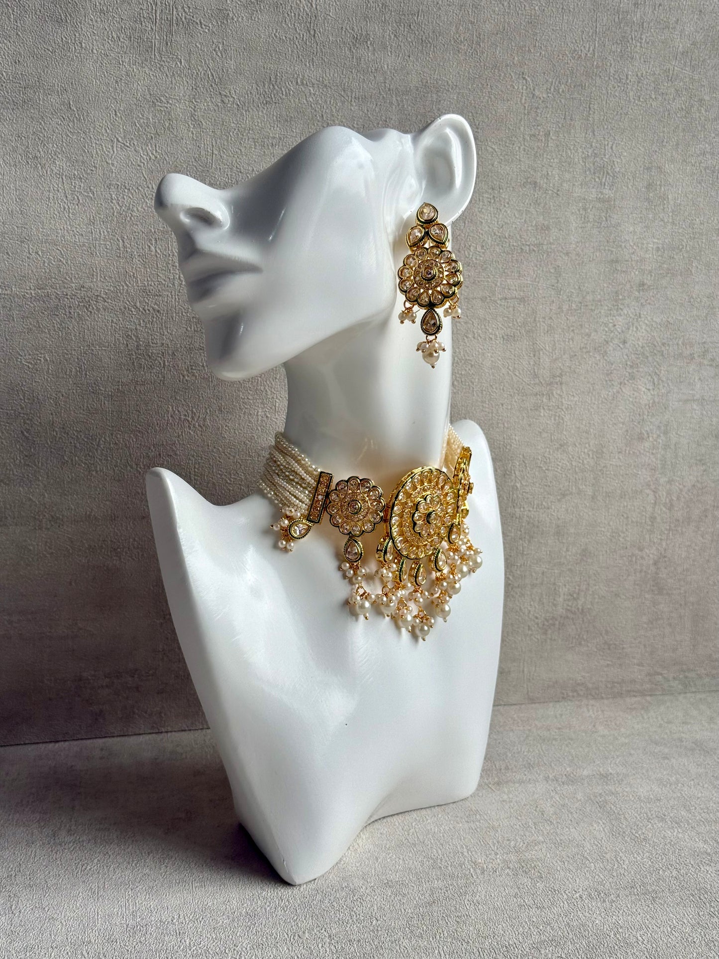 Ayura Designs Khusali Set – Necklace & Earrings with Kundan Stones, Green Enamel, and Pearl Detailing