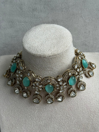 Ayura Designs Emanya Choker Set – Choker, Earrings & Tikka with Mirror-Cut Stones, Aqua & Antique Gold Detailing