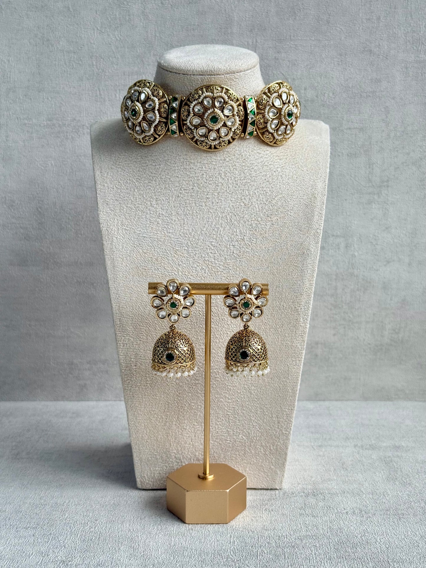 Ayura Designs Tanu Choker Set – Antique Gold Choker & Jhumkis with Ruby & Emerald Kundan and Pearl Borders