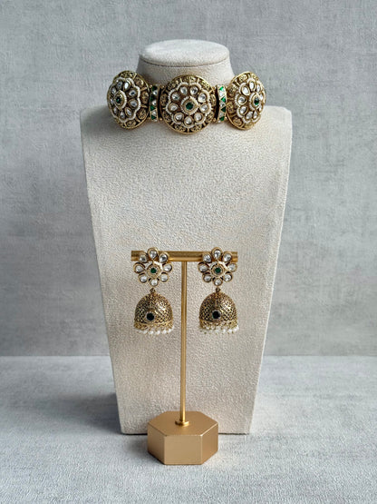 Ayura Designs Tanu Choker Set – Antique Gold Choker & Jhumkis with Ruby & Emerald Kundan and Pearl Borders