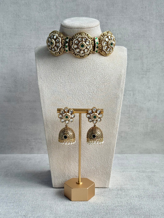 Ayura Designs Tanu Choker Set – Antique Gold Choker & Jhumkis with Ruby & Emerald Kundan and Pearl Borders