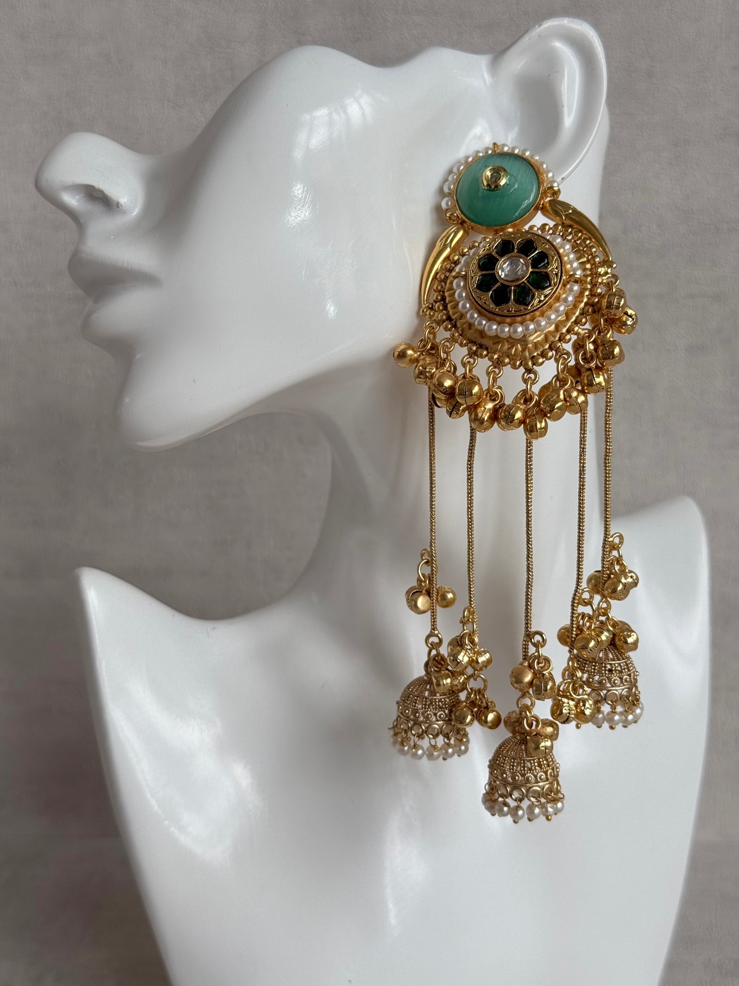 Ayura Designs Shagan Earrings – Mint Green Statement Earrings with Multi Jhumki Drops, Pearl Detailing & Ghungroo Accents