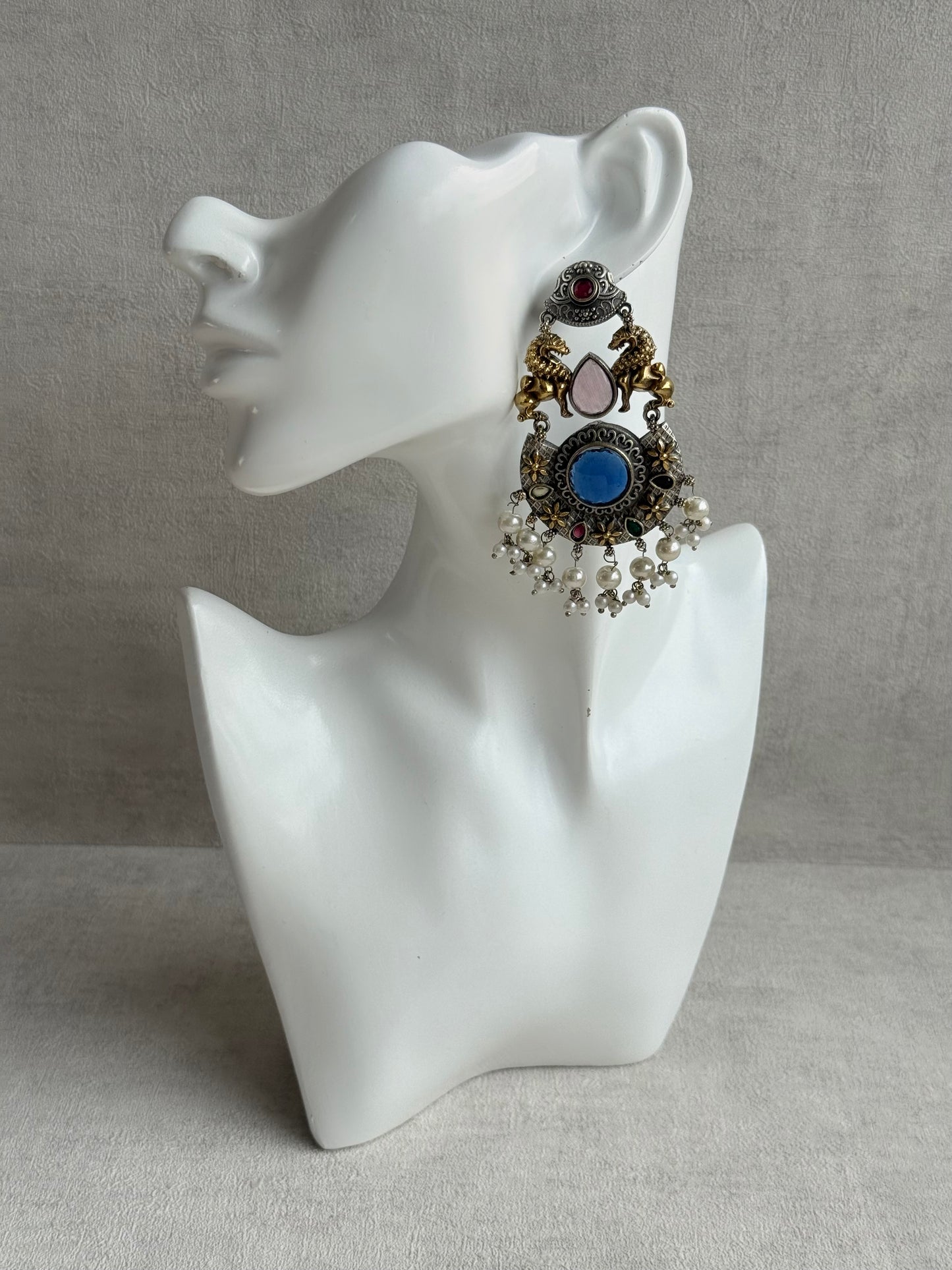 Ayura Designs Aangan Earrings – Dual Tone Oxidised Statement Earrings with Multicolour Stones & Pearl Clusters