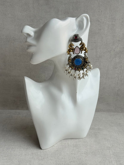 Ayura Designs Aangan Earrings – Dual Tone Oxidised Statement Earrings with Multicolour Stones & Pearl Clusters