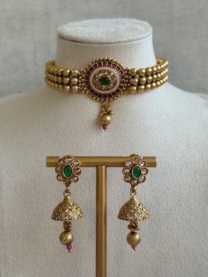 Ayura Designs Kavish Choker Set – Antique Gold Choker with Jhumkis in Rani Pink & Emerald Green with Pearl Detailing