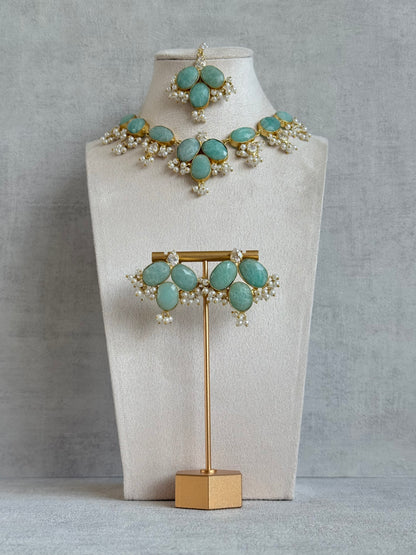 Ayura Designs Anahita Set with Tikka & Earrings – Amazonite, Crystals & Pearls