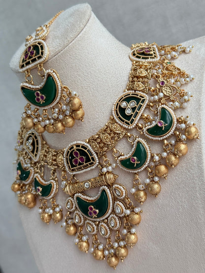 Ayura Designs Tafiza Necklace Set with Sahare Jhumki Earrings & Tikka – Emerald Green, Rani Pink, Kundan, Pearls & Antique Gold Finish