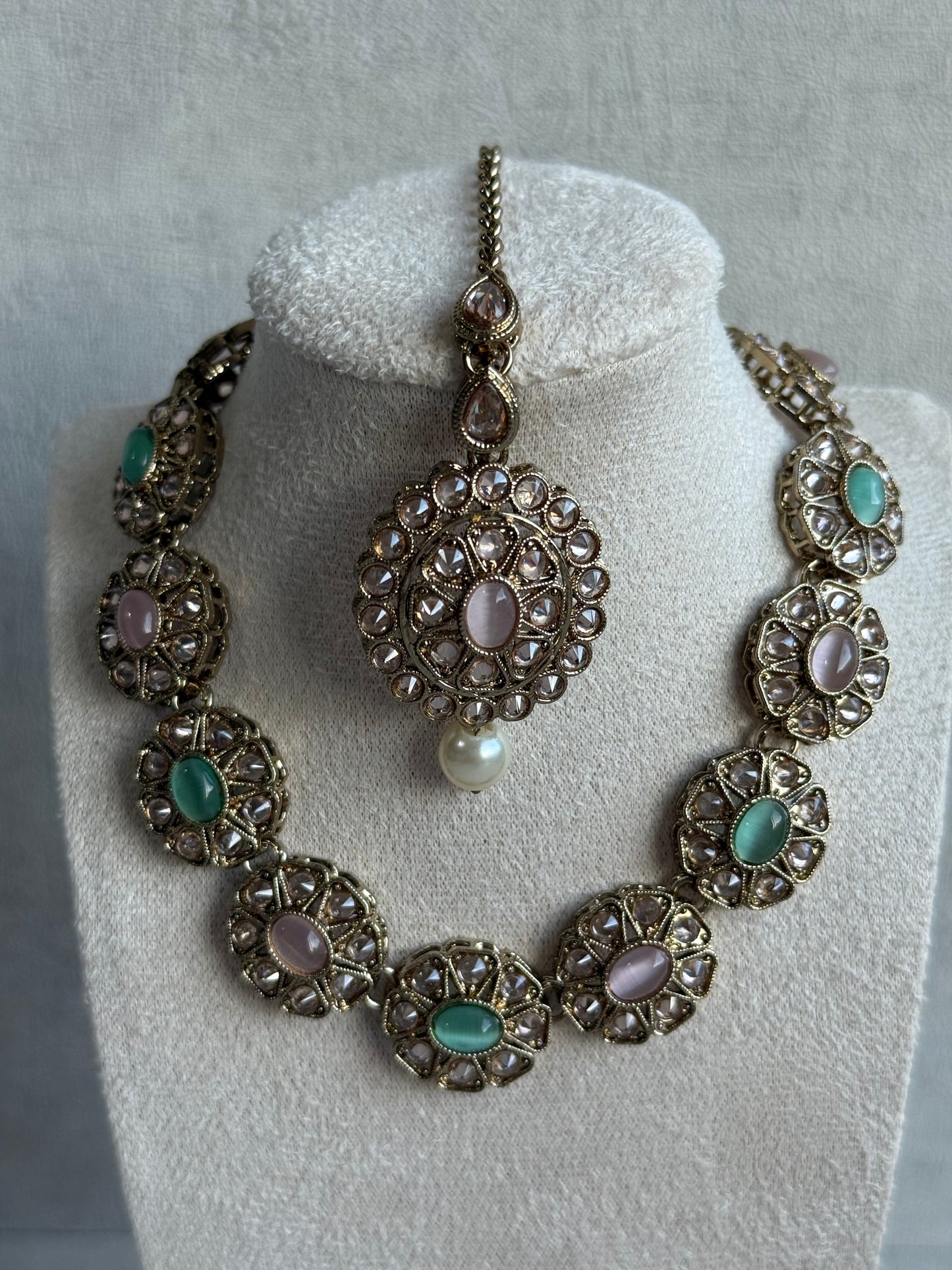 Ayura Designs Sania Set with Necklace, Earrings & Tikka – Ruby Red Stones, Kundan Detailing & Antique Gold Finish