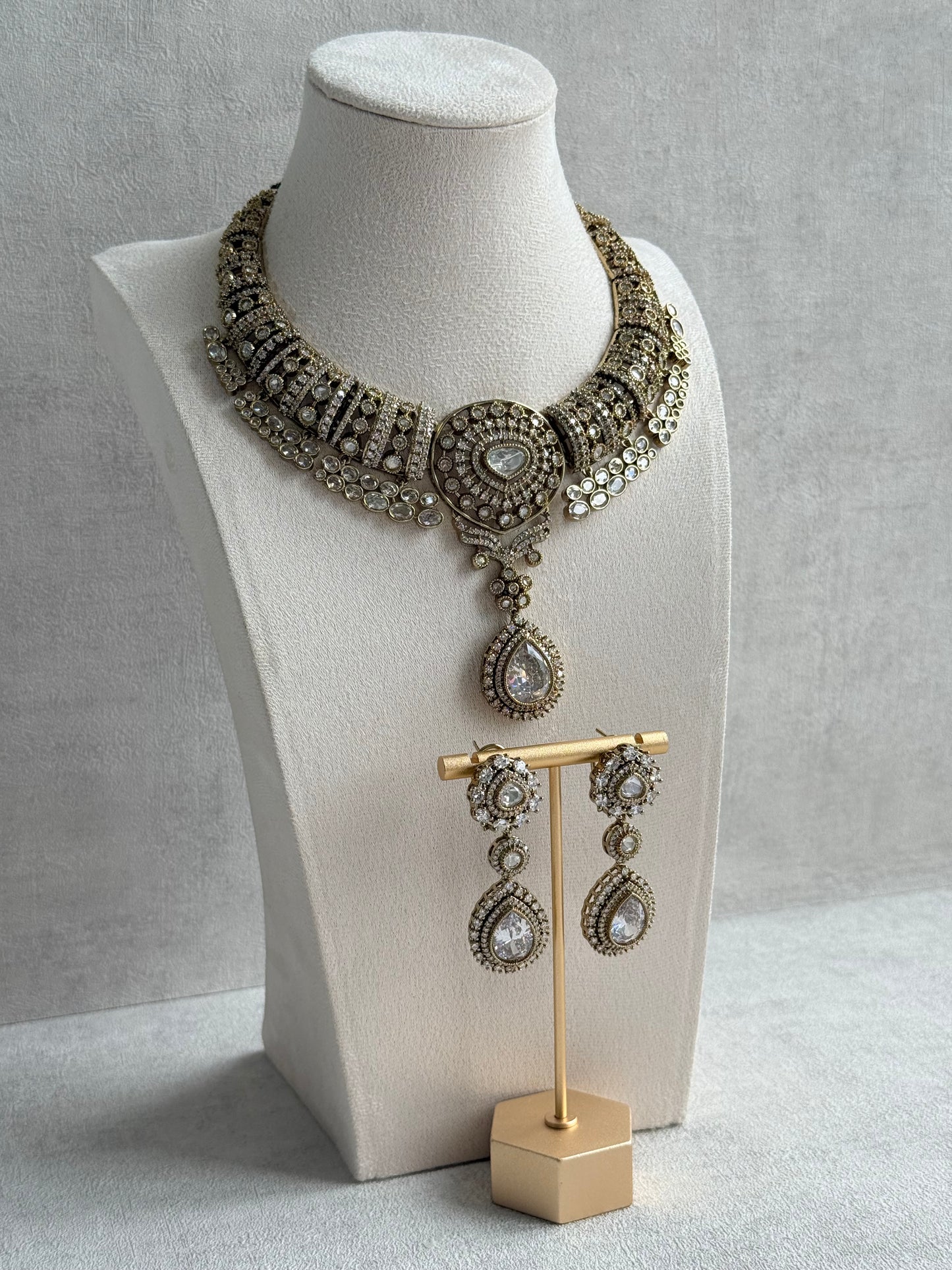 Ayura Designs Ahana Necklace Set with Earrings – Crystal Teardrop Stones & Moissanite Detailing