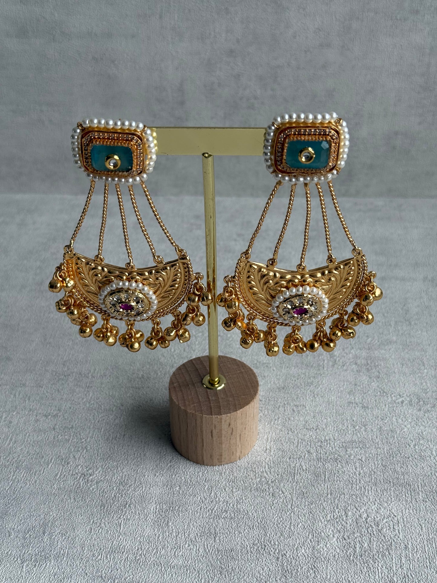Ayura Designs Jheel Earrings – Turquoise Half-Moon Drops with Pearl Edging & Golden Ghungroos