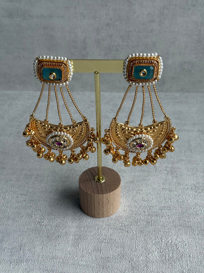 Ayura Designs Jheel Earrings – Turquoise Half-Moon Drops with Pearl Edging & Golden Ghungroos