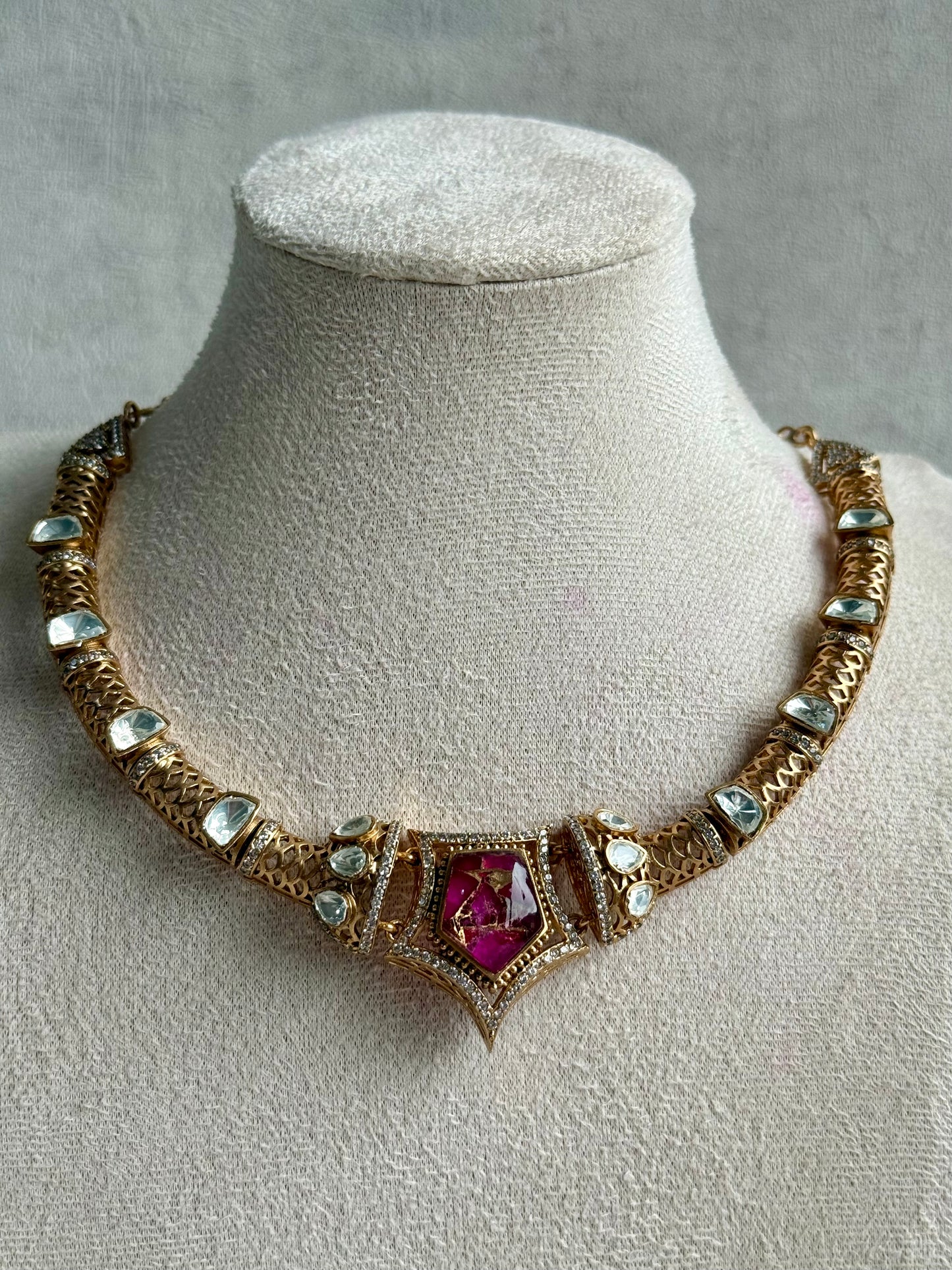 Ayura Designs Krupa Set – Necklace & Earrings with Magenta Stone featuring Natural Marbling, Mirror-Cut Kundan & Antique Gold Detailing