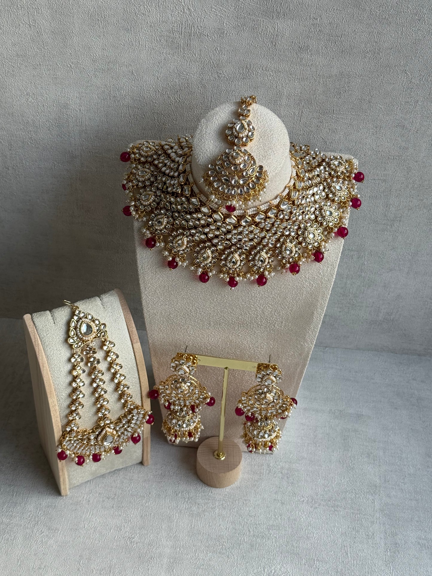 Ayura Designs Suhag Set – Bridal Necklace, Jhumkis & Tikka with Pink Beads, Pearl Detailing & Gold-Finish Kundan