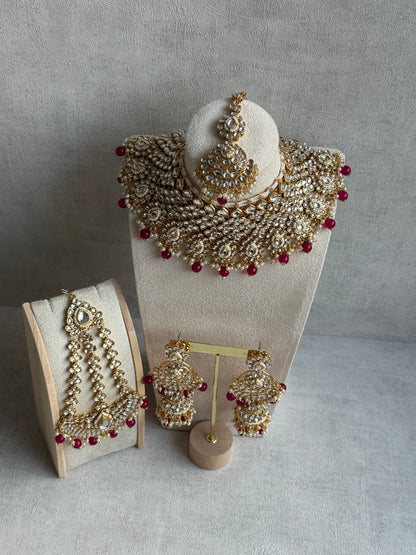 Ayura Designs Suhag Set – Bridal Necklace, Jhumkis & Tikka with Pink Beads, Pearl Detailing & Gold-Finish Kundan