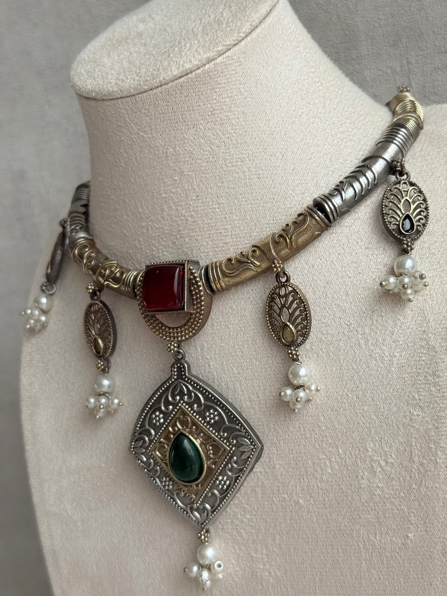 Ayura Designs Paayal Set with Earrings – Dual Tone Oxidised Necklace Set with Multicolour Stones & Pearl Clusters
