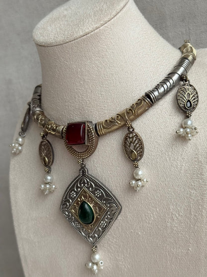 Ayura Designs Paayal Set with Earrings – Dual Tone Oxidised Necklace Set with Multicolour Stones & Pearl Clusters