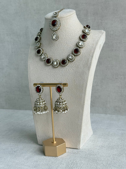 Ayura Designs Eira Necklace Set with Earrings & Tikka – Ruby Red & Crystal Stones with Antique Gold Finish