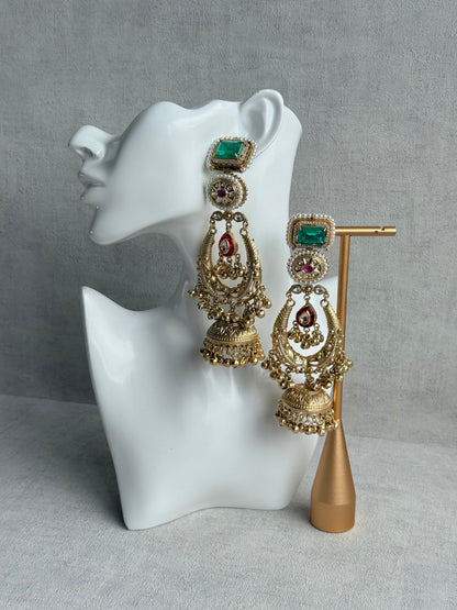 Ayura Designs Zirwa Earrings – Statement Jhumkis with Jade Green Stones, Ruby Accents, Pearl Borders & Ghungroos