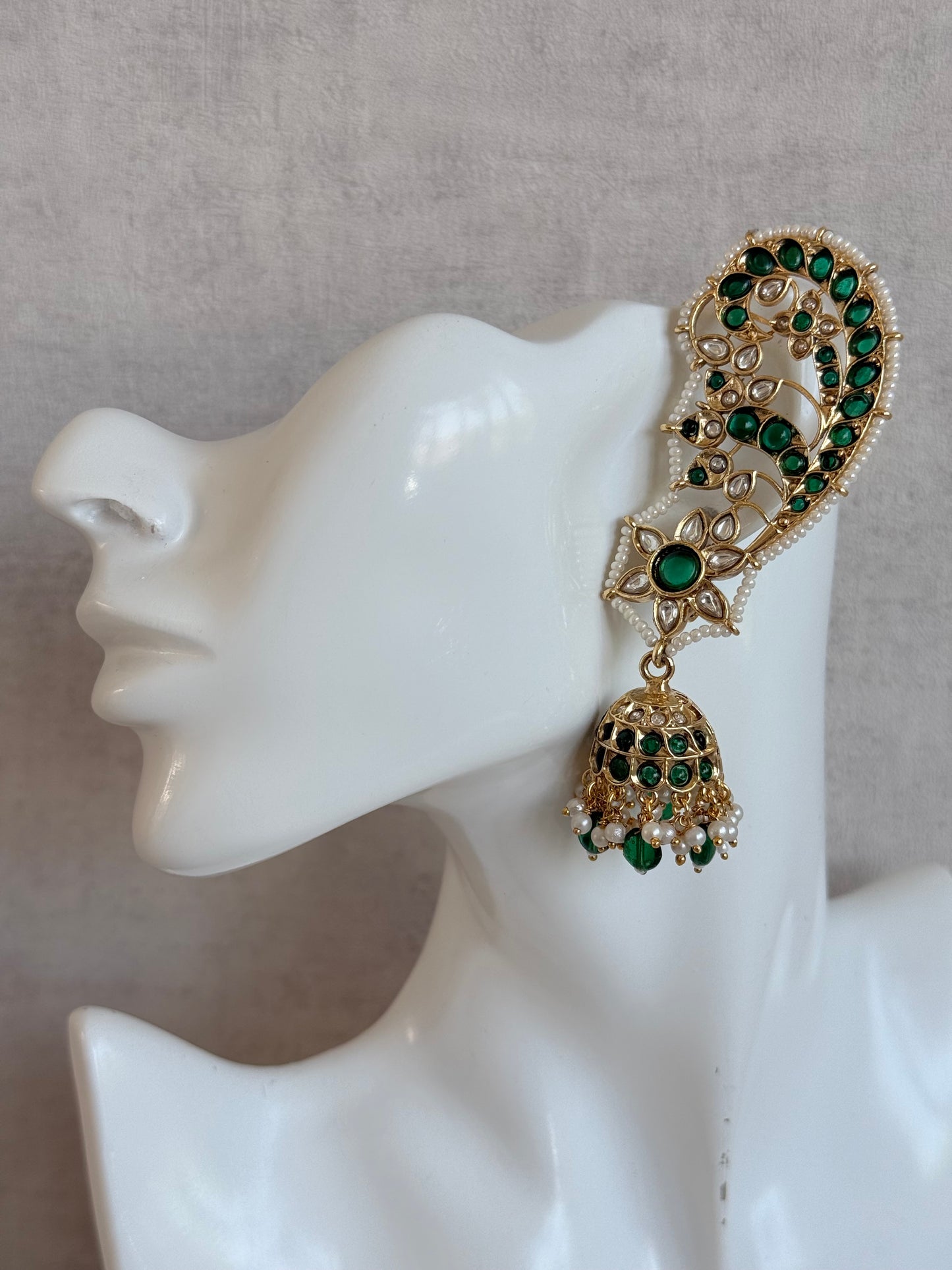 Ayura Designs Urisha Ear Climber Jhumkis – Emerald Green, Kundan & Pearl Detailing