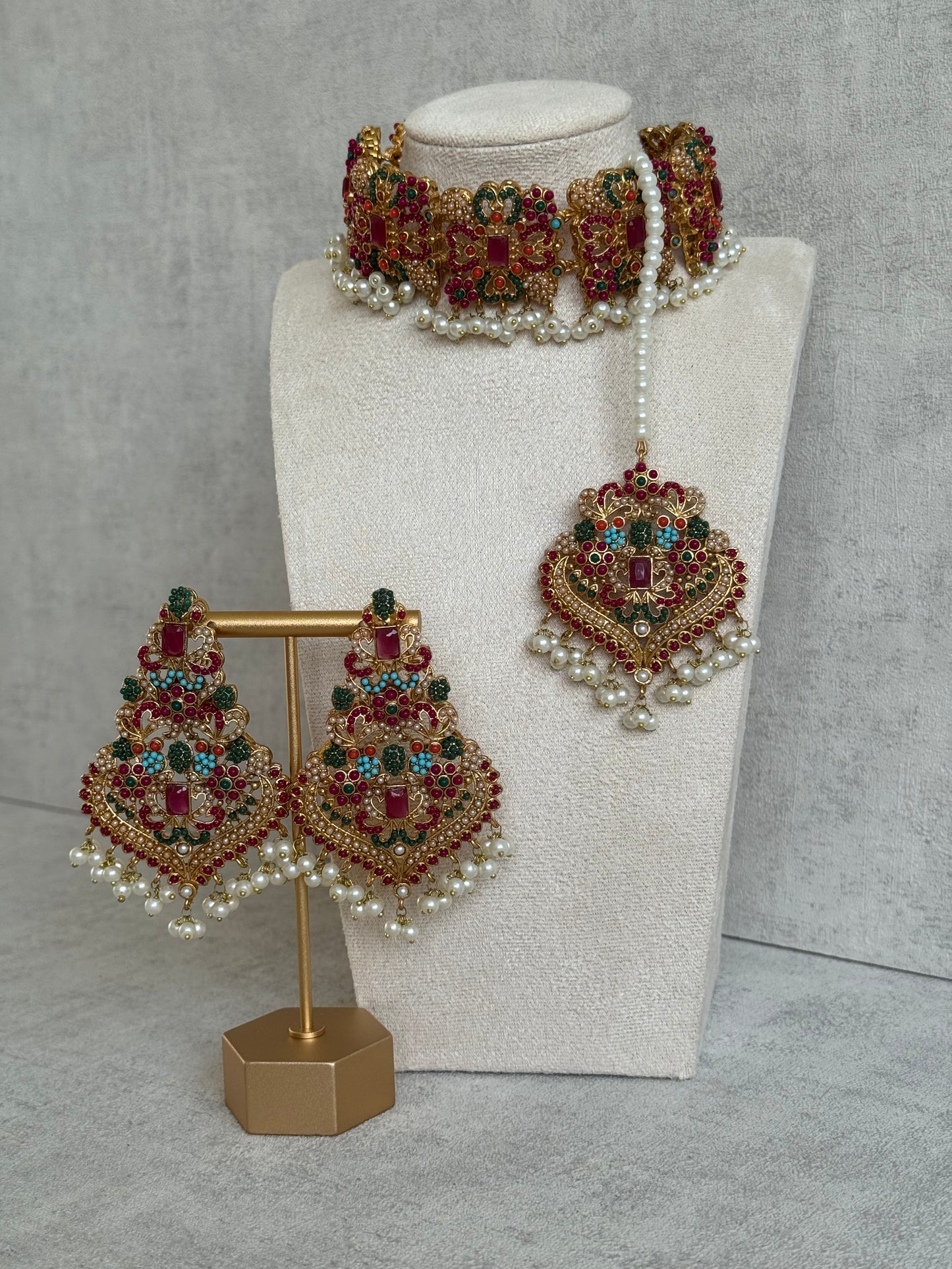 Ayura Designs Mahnoor Navratan Choker Set with Earrings & Tikka – Antique Gold Finish, Multicolour Enamel & Pearl Detailing