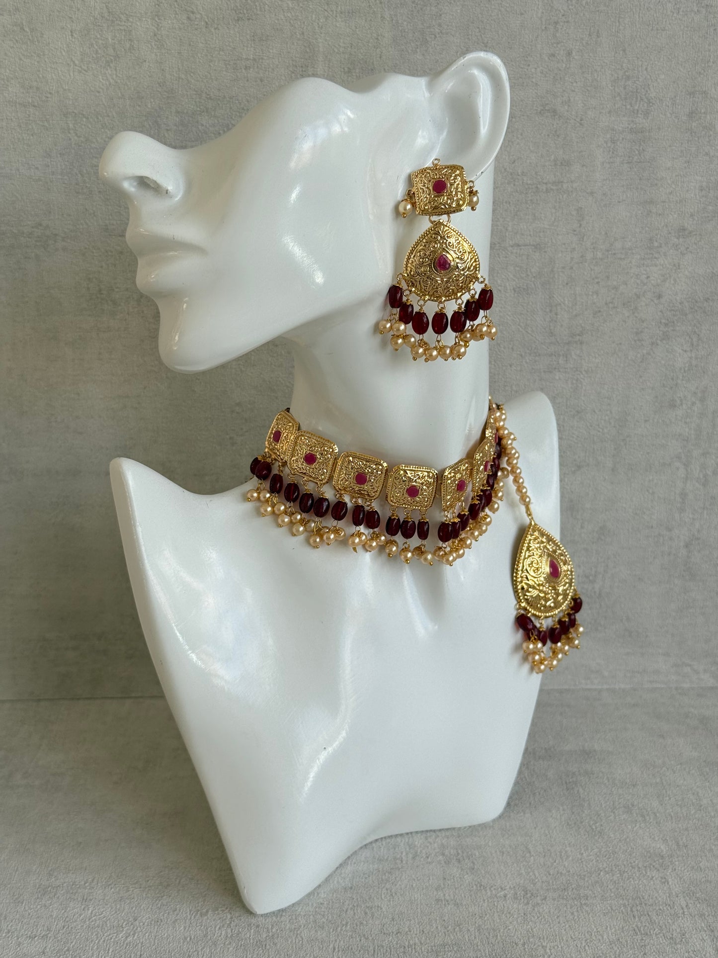 Ayura Designs Chetna Choker Set with Earrings & Tikka – Maroon Beads, Cream Pearl Drops with Pipal Patti Detailing