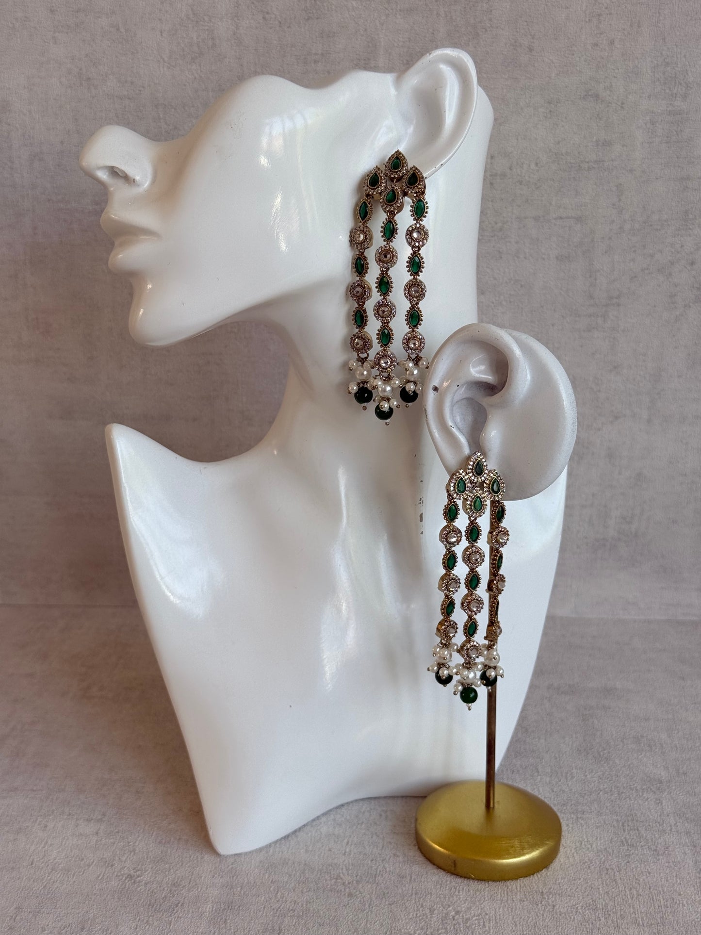 Ayura Designs Emilia Earrings – Gold Triple Strand Statement Earrings with Emerald Green Stones & Pearl Drops