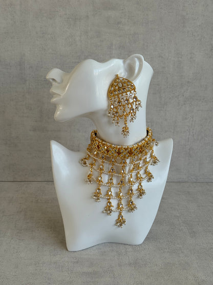Ayura Designs Basant Set with Choker, Earrings & Tikka – Mirror-Cut Stones, Pearl Fringe & Antique Gold Finish