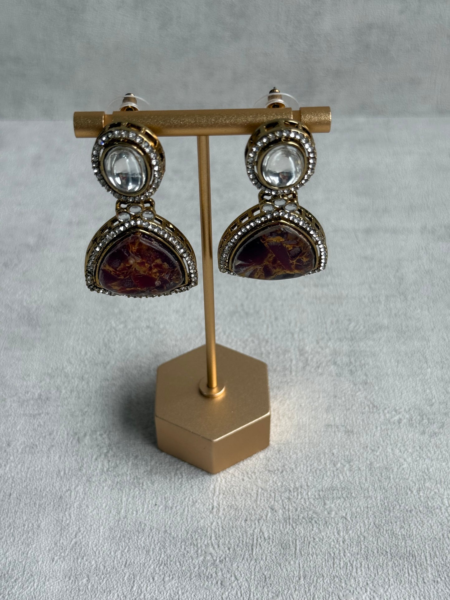Ayura Designs Florence Earrings – mirror cut studs with Burnt Crimson Marble Resin & Crystal Borders