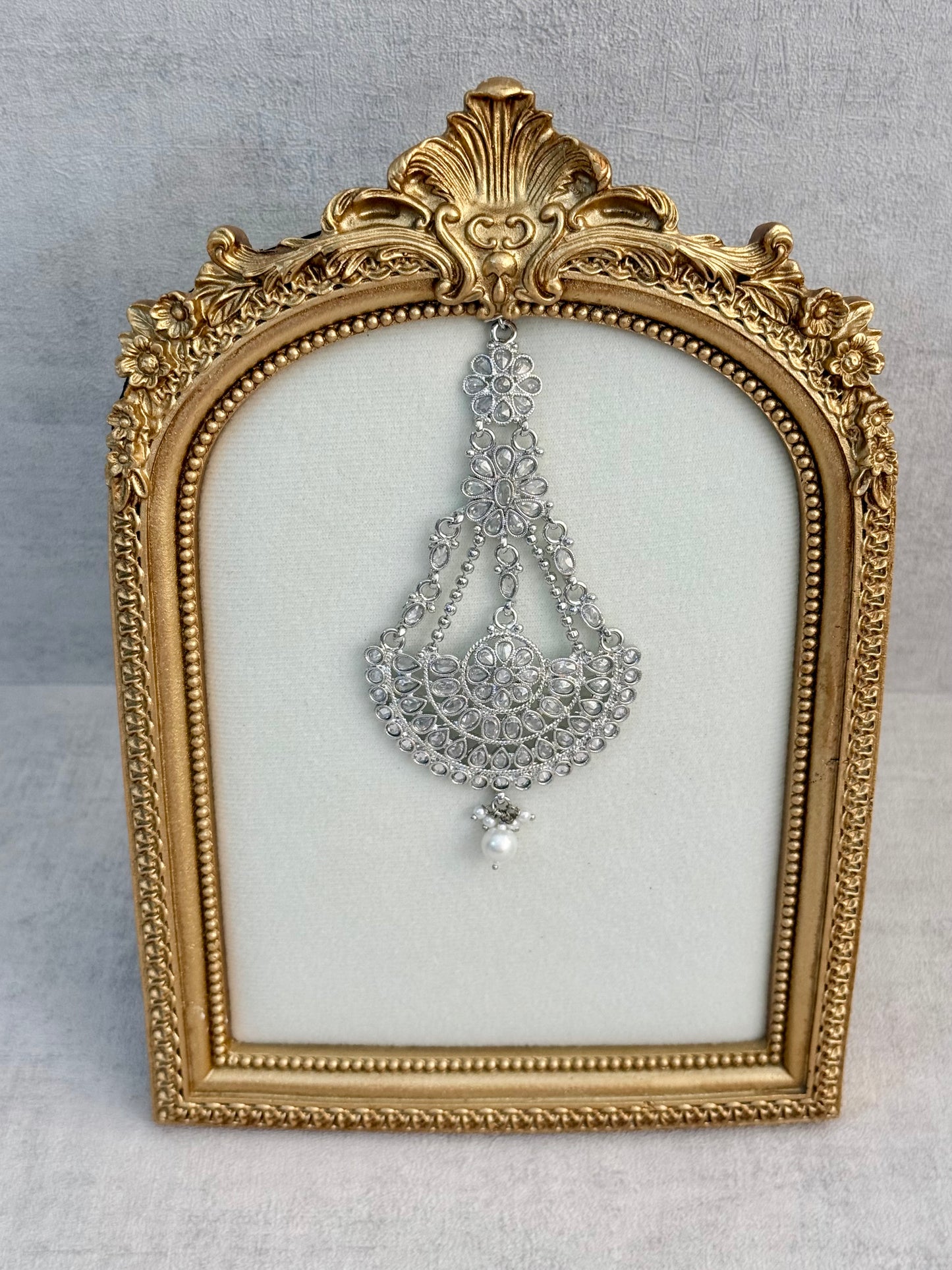 Ayura Designs Zeha Jhoomar Passa – Silver Finish with Mirror Cut Stones & Pearl Drop