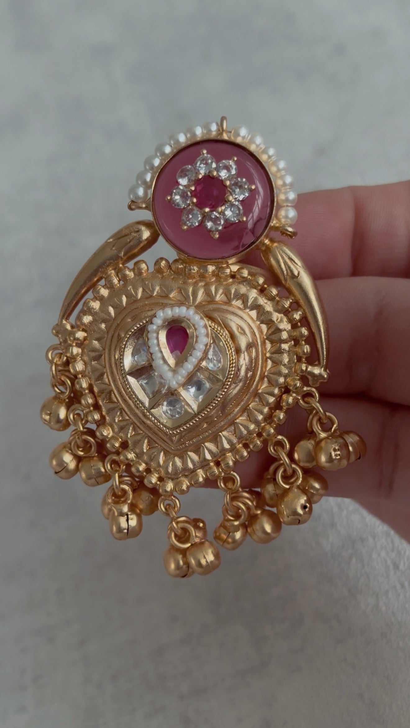 Ayura Designs Sorcha Adjustable Ring – Rose Pink Enamel, Pearl Detailing, Antique Gold & Mirror-Cut Stones