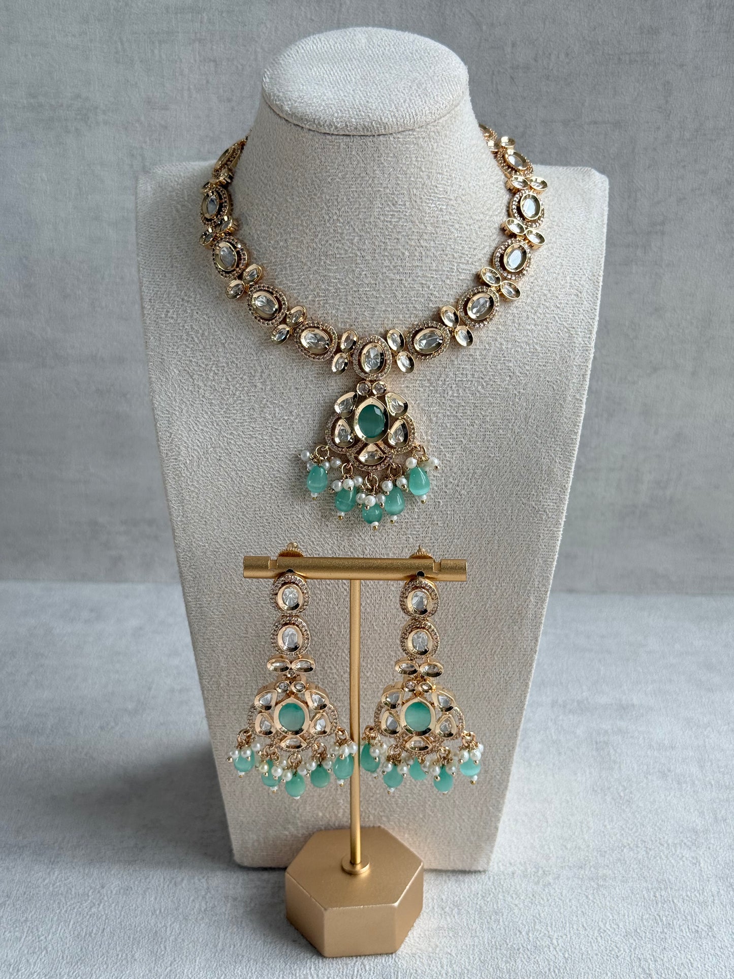 Ayura Designs Edina Necklace Set with Earrings – Kundan, Mint Green Stones & Pearl Detailing