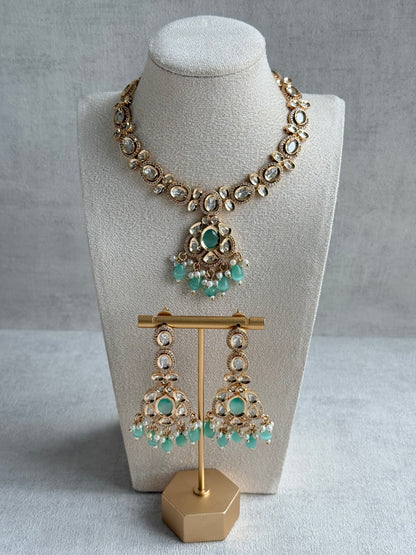 Ayura Designs Edina Necklace Set with Earrings – Kundan, Mint Green Stones & Pearl Detailing
