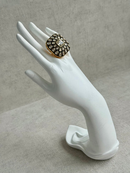 Ayura Designs Arzoo Adjustable Ring – Mirror-Cut Stone Centre with Green Enamel & Crystal Detailing